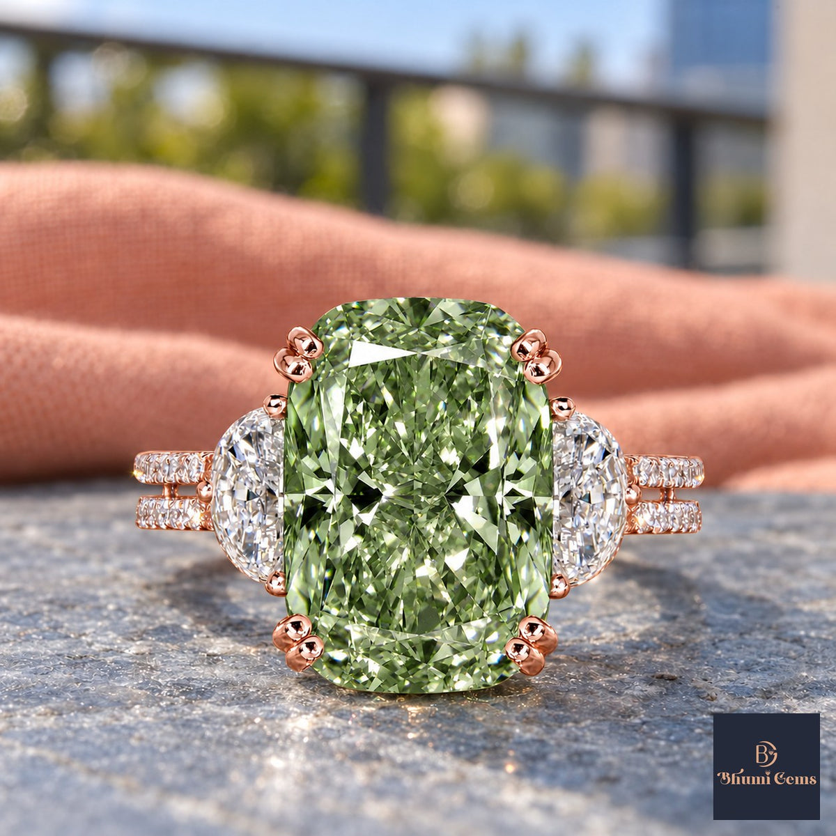 Green Elongated Cushion Cut Lab Grown Diamond Engagement Ring - Half Moon Split Shank in rose gold, close-up