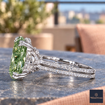 Green Elongated Cushion Cut Lab Grown Diamond Engagement Ring - Half Moon Split Shank in white gold, side view
