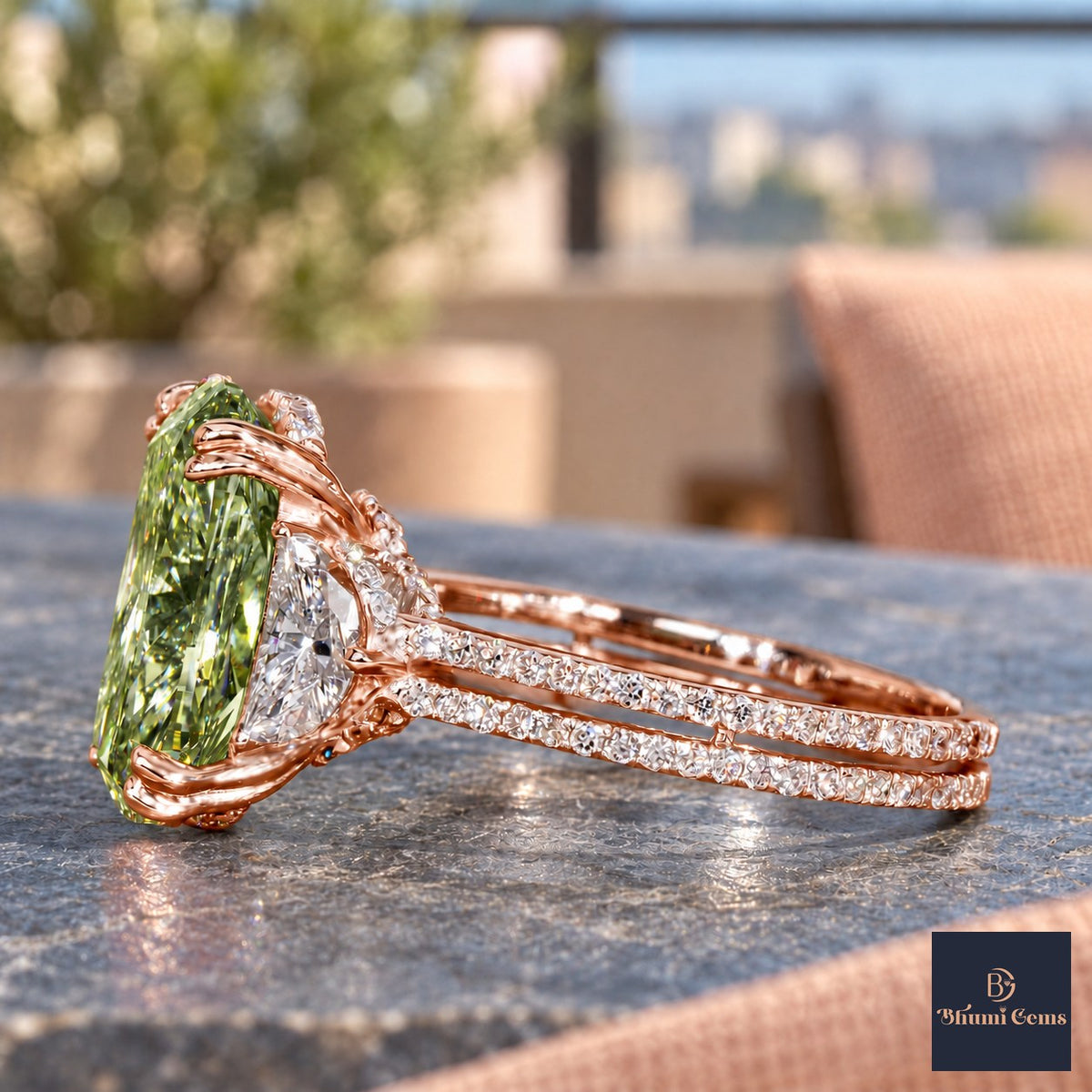 Green Elongated Cushion Cut Lab Grown Diamond Engagement Ring - Half Moon Split Shank in rose gold, side view