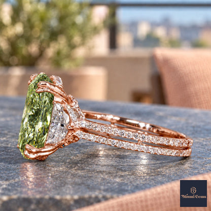 Green Elongated Cushion Cut Lab Grown Diamond Engagement Ring - Half Moon Split Shank in rose gold, side view
