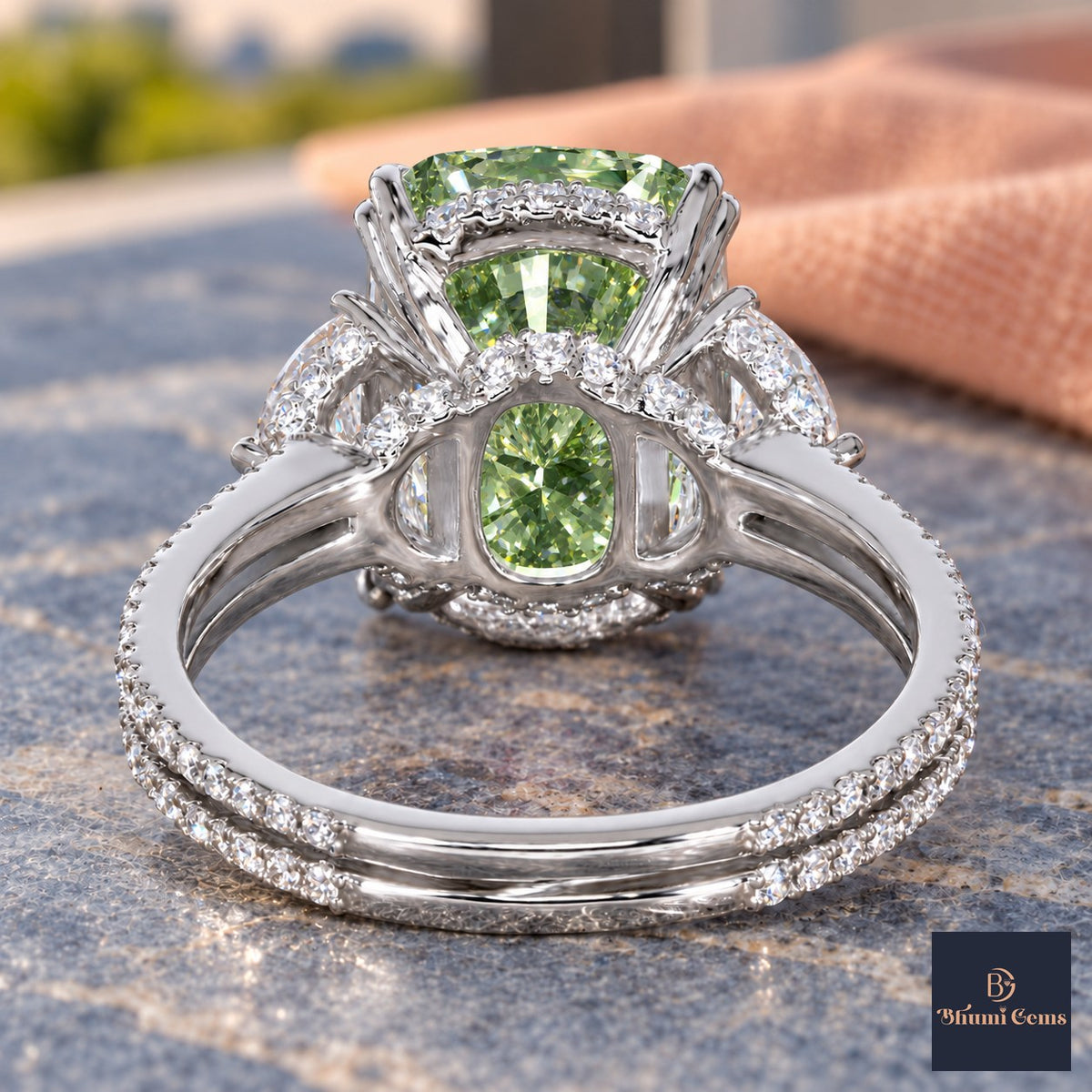 Green Elongated Cushion Cut Lab Grown Diamond Engagement Ring - Half Moon Split Shank in white gold, gallery view