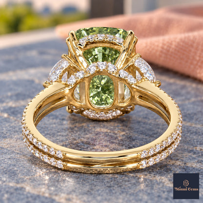 Green Elongated Cushion Cut Lab Grown Diamond Engagement Ring - Half Moon Split Shank in yellow gold, gallery view