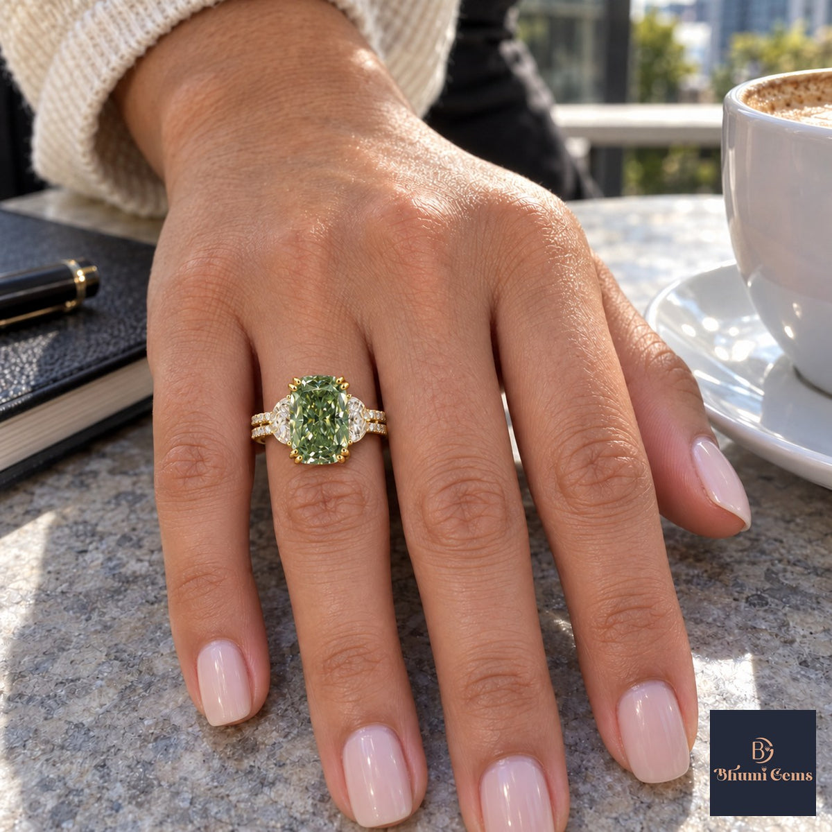 Green Elongated Cushion Cut Lab Grown Diamond Engagement Ring - Half Moon Split Shank in yellow gold, on the hand