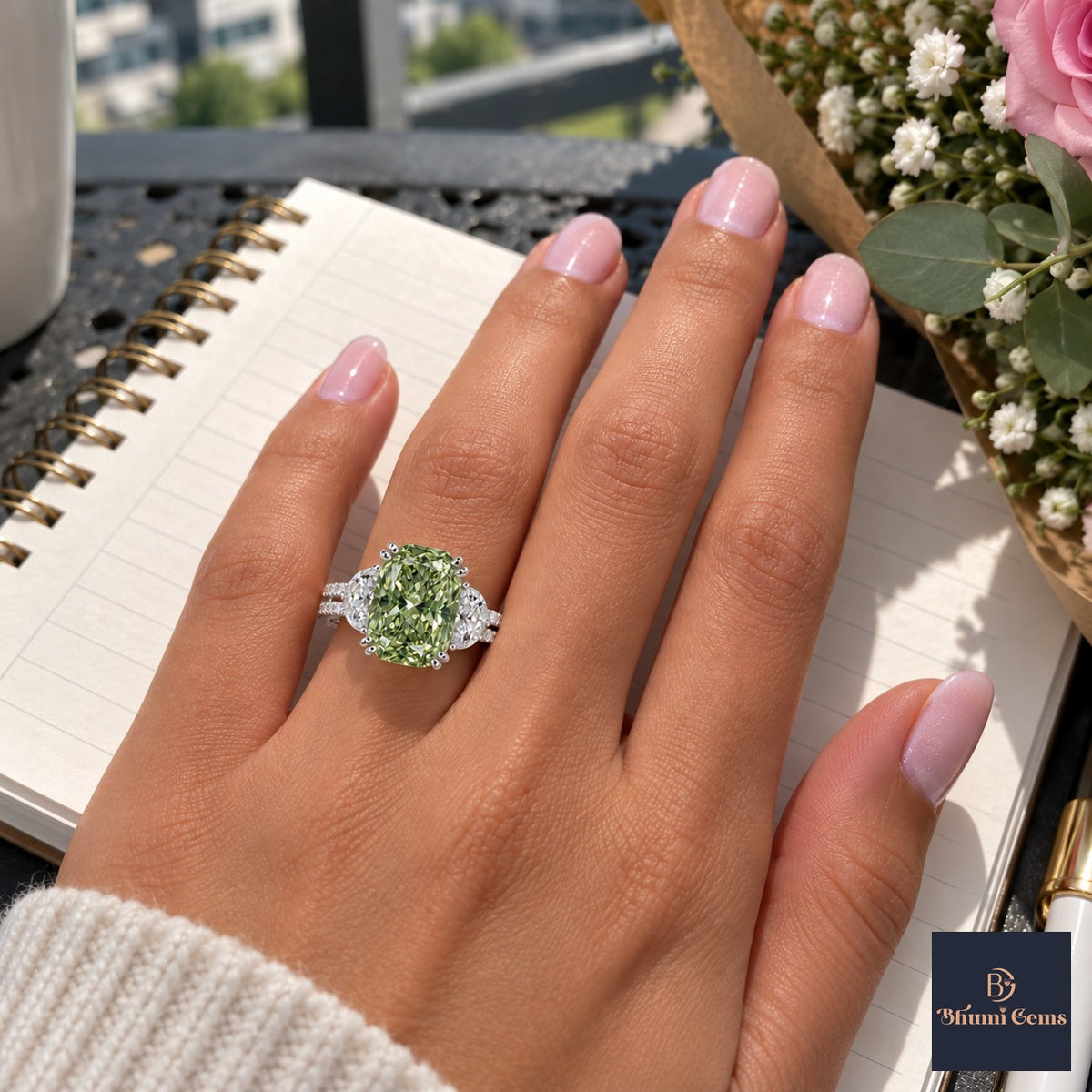 Green Elongated Cushion Cut Lab Grown Diamond Engagement Ring - Half Moon Split Shank in white gold, worn on the hand