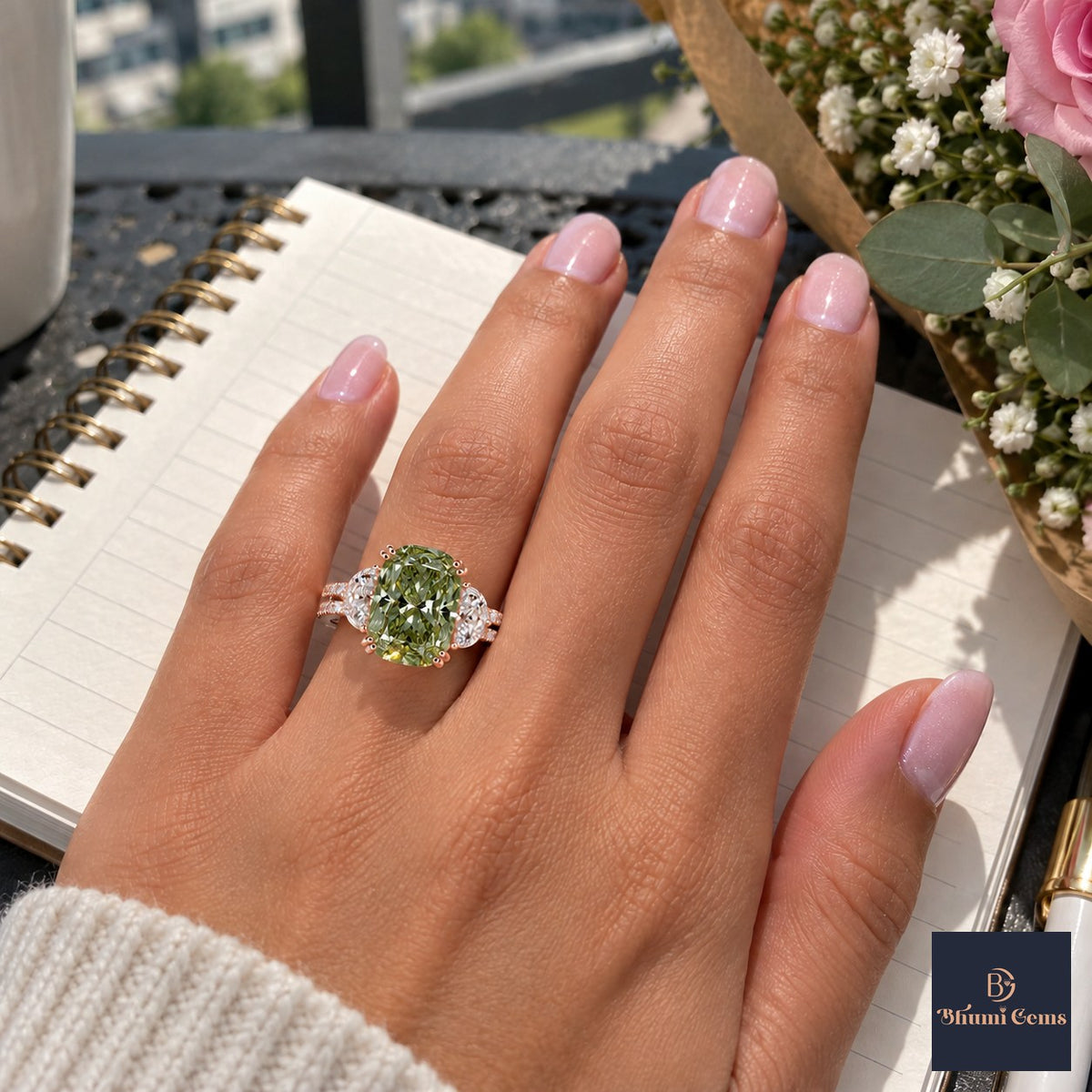 Green Elongated Cushion Cut Lab Grown Diamond Engagement Ring - Half Moon Split Shank in rose gold, worn on the hand