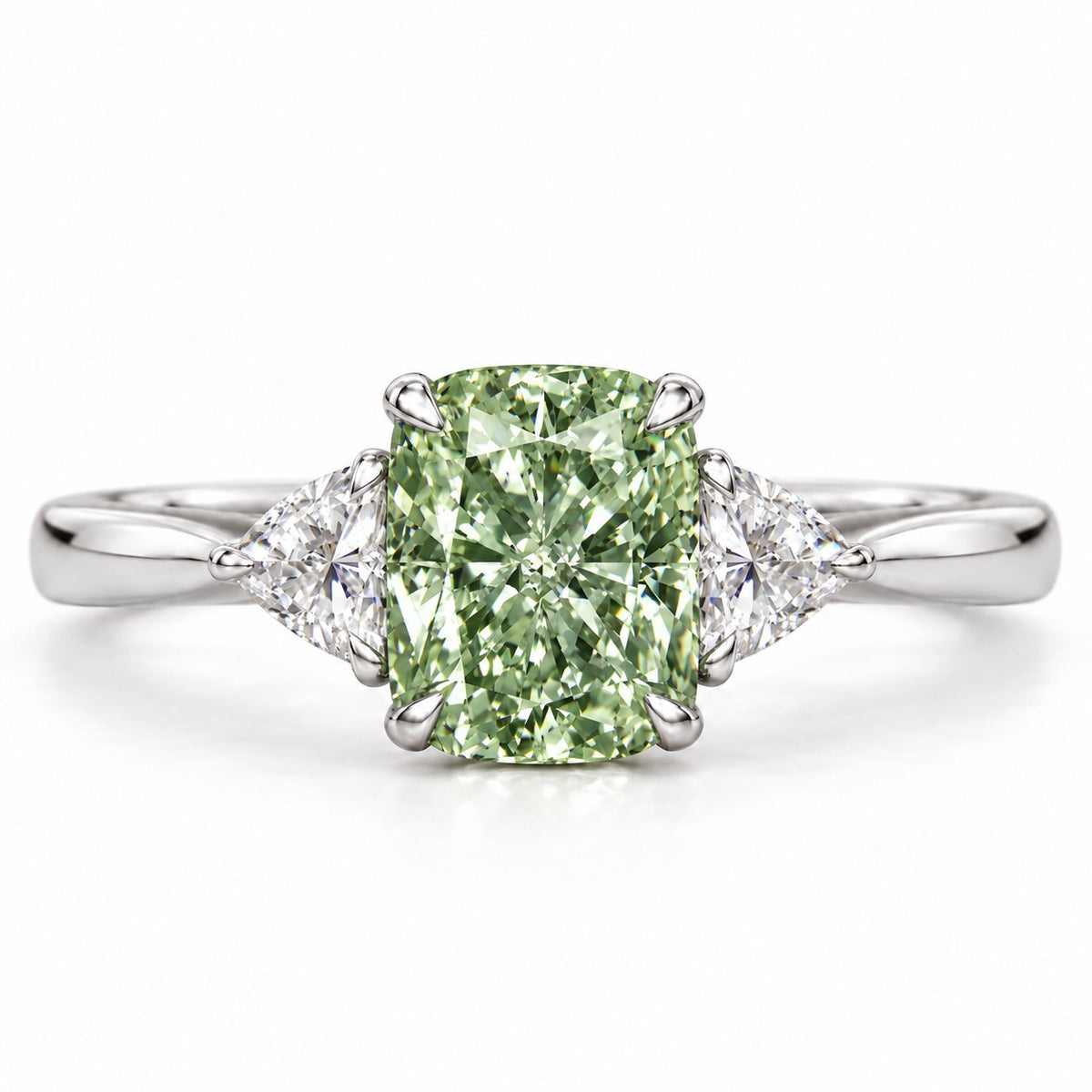 Green Elongated Cushion Cut Lab Grown Diamond Engagement Ring - Trillion Three Stone in white gold, front view