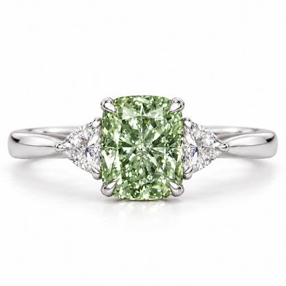 Green Elongated Cushion Cut Lab Grown Diamond Engagement Ring - Trillion Three Stone in white gold, front view