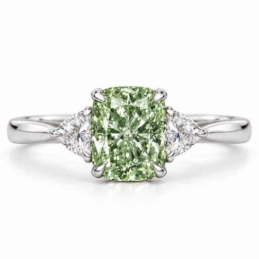 Green Elongated Cushion Cut Lab Grown Diamond Engagement Ring - Trillion Three Stone in white gold, front view