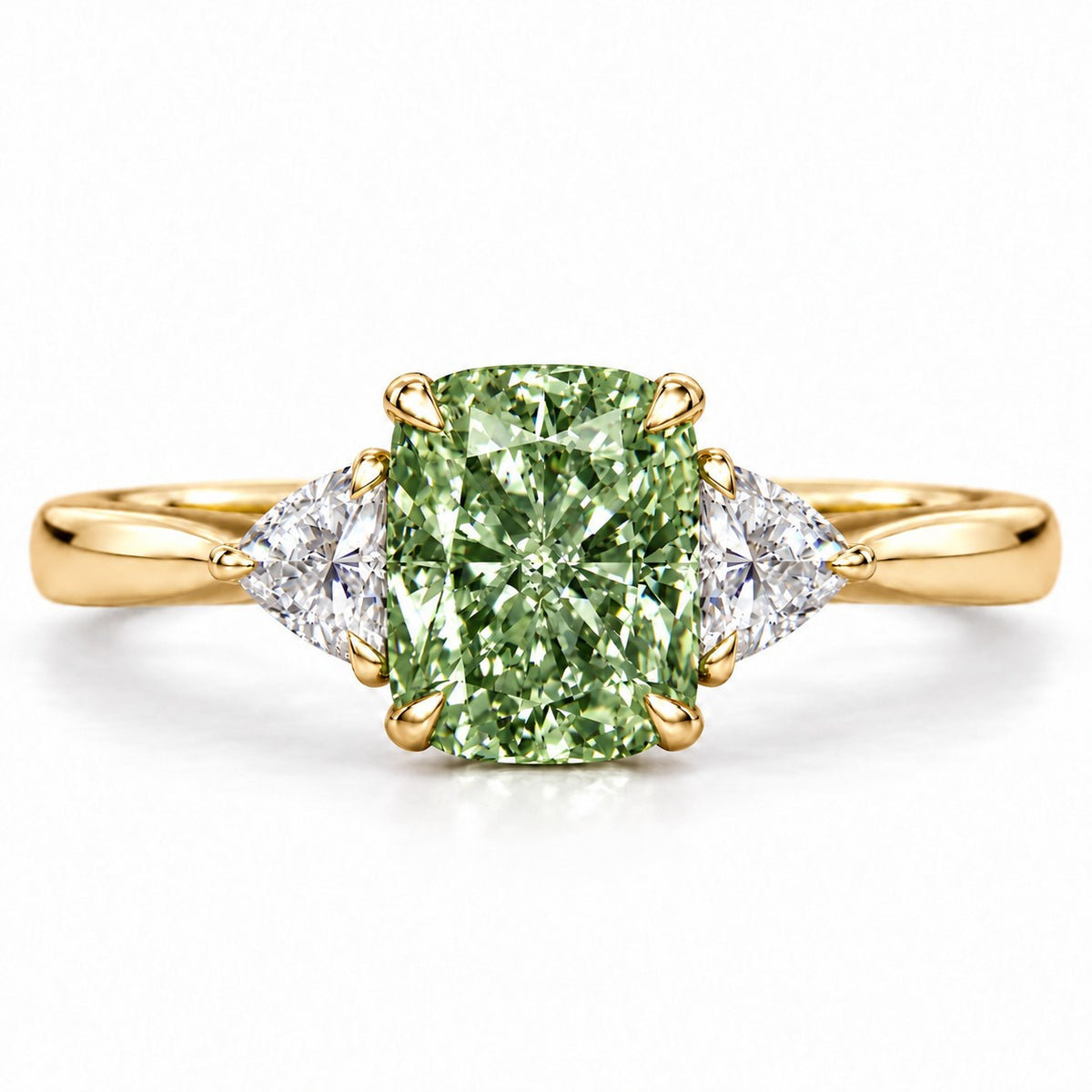 Green Elongated Cushion Cut Lab Grown Diamond Engagement Ring - Trillion Three Stone in yellow gold, front view