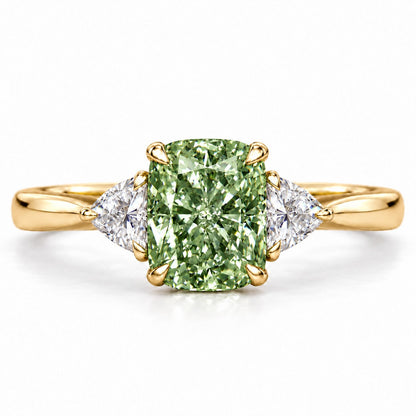 Green Elongated Cushion Cut Lab Grown Diamond Engagement Ring - Trillion Three Stone in yellow gold, front view