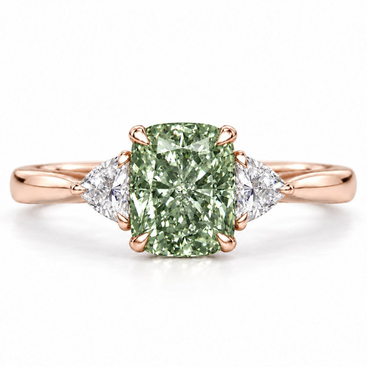 Green Elongated Cushion Cut Lab Grown Diamond Engagement Ring - Trillion Three Stone in rose gold, front view