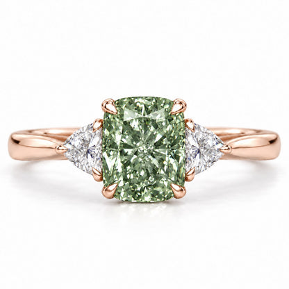 Green Elongated Cushion Cut Lab Grown Diamond Engagement Ring - Trillion Three Stone in rose gold, front view