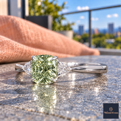 Green Elongated Cushion Cut Lab Grown Diamond Engagement Ring - Trillion Three Stone in white gold, close-up