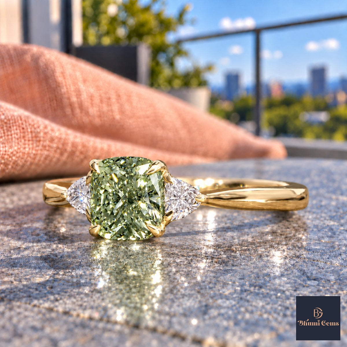Green Elongated Cushion Cut Lab Grown Diamond Engagement Ring - Trillion Three Stone in yellow gold, close-up