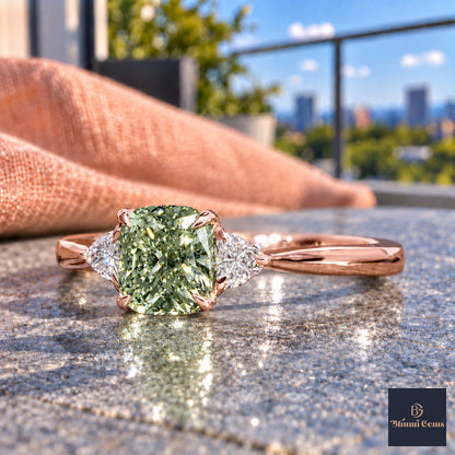 Green Elongated Cushion Cut Lab Grown Diamond Engagement Ring - Trillion Three Stone in rose gold, close-up