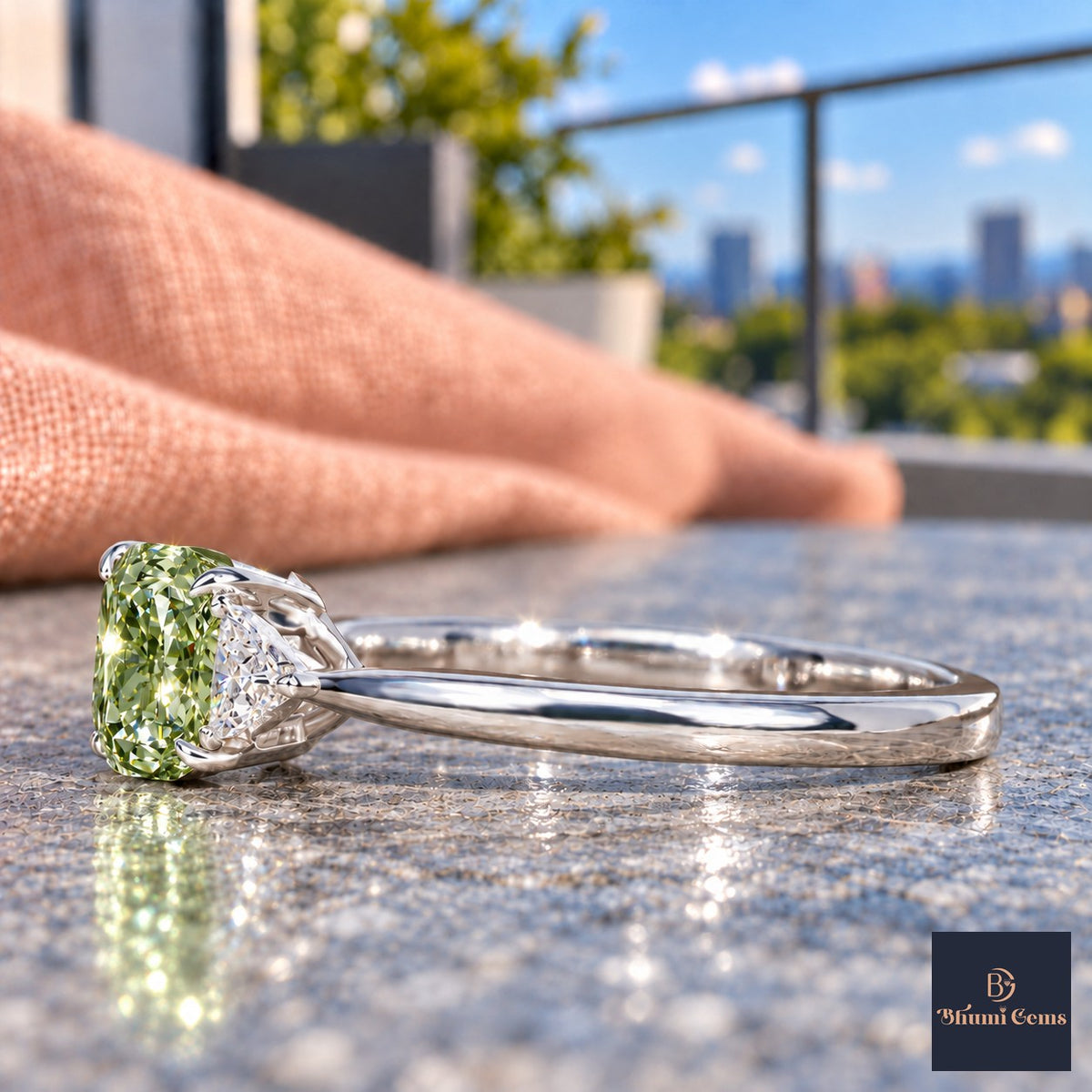 Green Elongated Cushion Cut Lab Grown Diamond Engagement Ring - Trillion Three Stone in white gold, side view