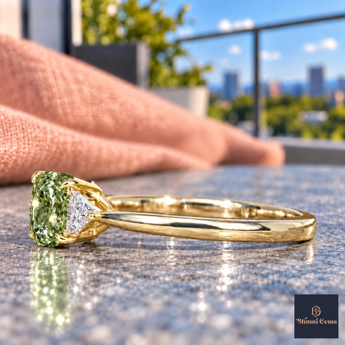 Green Elongated Cushion Cut Lab Grown Diamond Engagement Ring - Trillion Three Stone in yellow gold, side view
