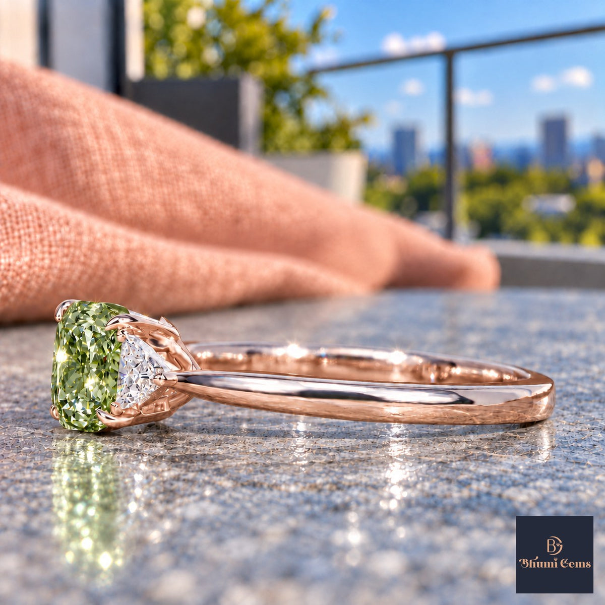 Green Elongated Cushion Cut Lab Grown Diamond Engagement Ring - Trillion Three Stone in rose gold, side view