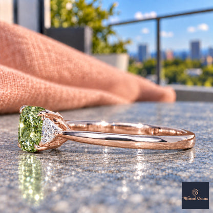 Green Elongated Cushion Cut Lab Grown Diamond Engagement Ring - Trillion Three Stone in rose gold, side view