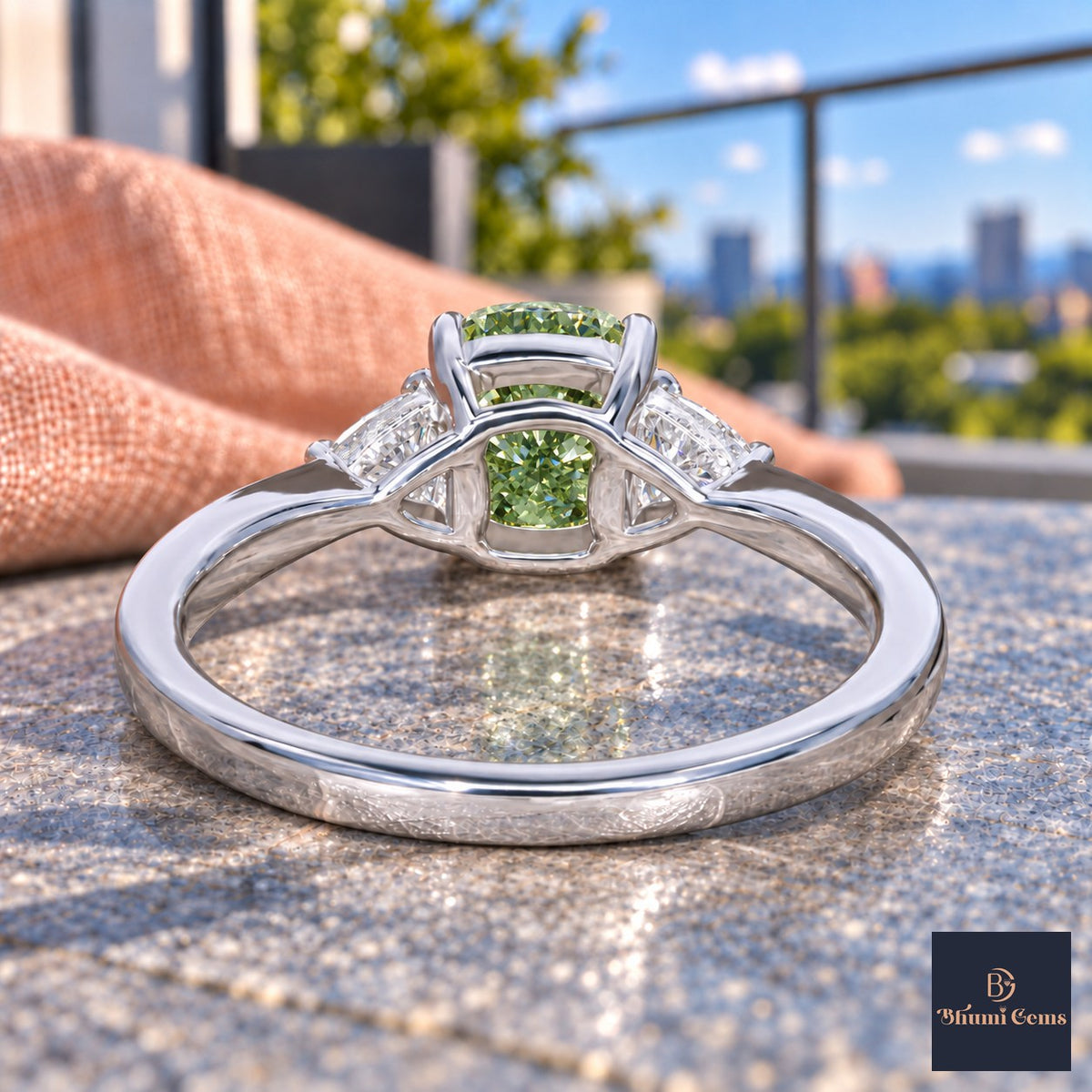Green Elongated Cushion Cut Lab Grown Diamond Engagement Ring - Trillion Three Stone in white gold, gallery view
