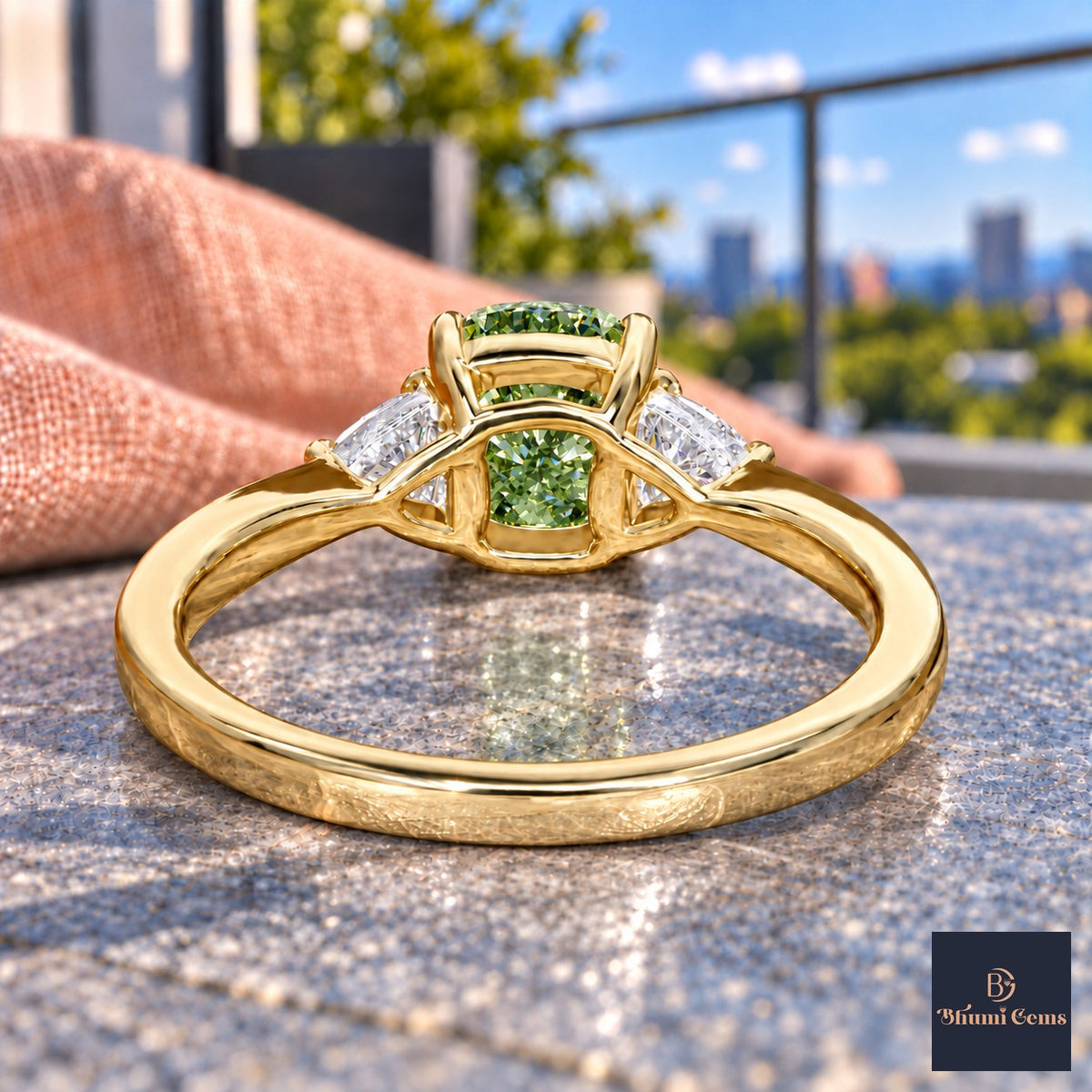 Green Elongated Cushion Cut Lab Grown Diamond Engagement Ring - Trillion Three Stone in yellow gold, gallery view