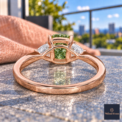 Green Elongated Cushion Cut Lab Grown Diamond Engagement Ring - Trillion Three Stone in rose gold, gallery view