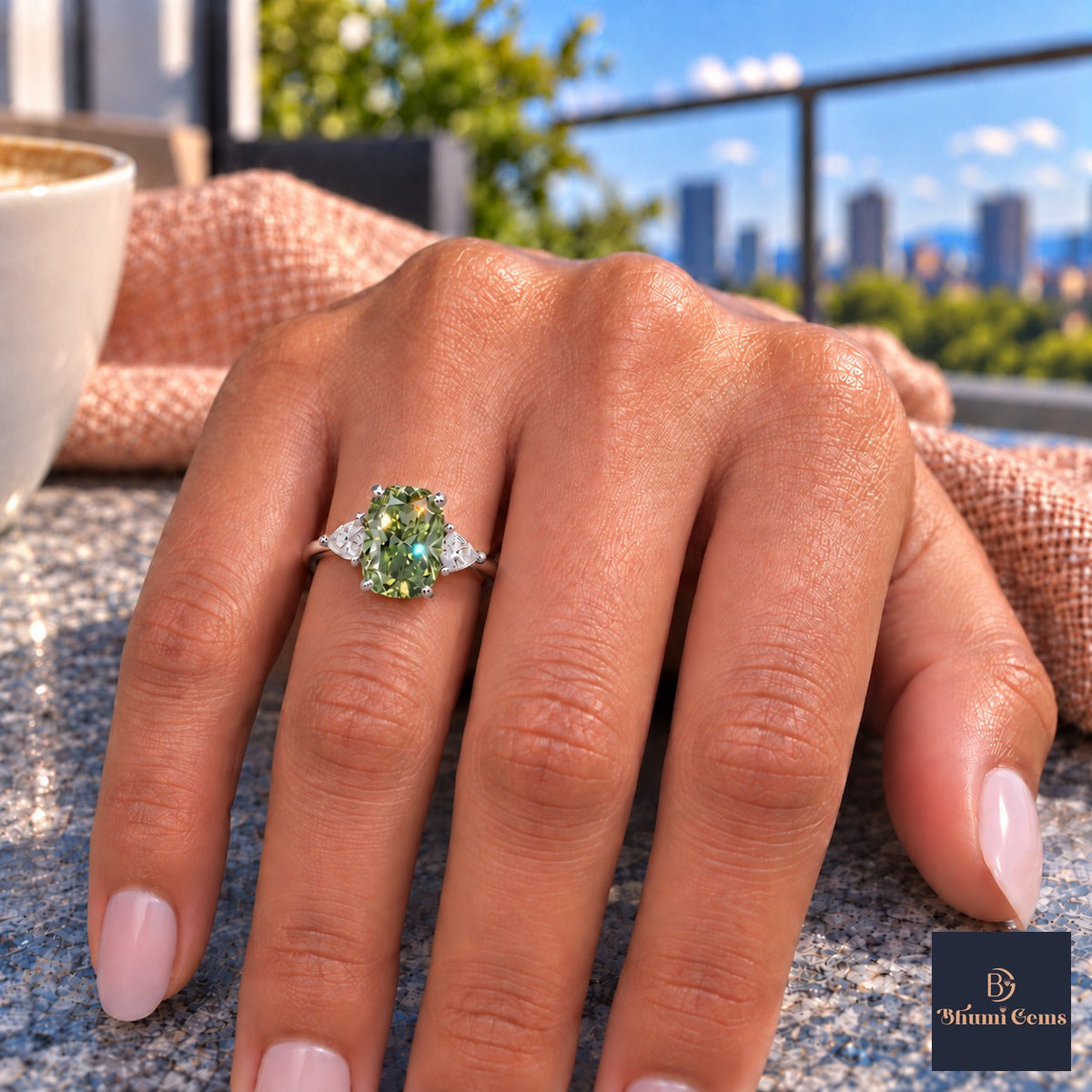Green Elongated Cushion Cut Lab Grown Diamond Engagement Ring - Trillion Three Stone in white gold, on the hand