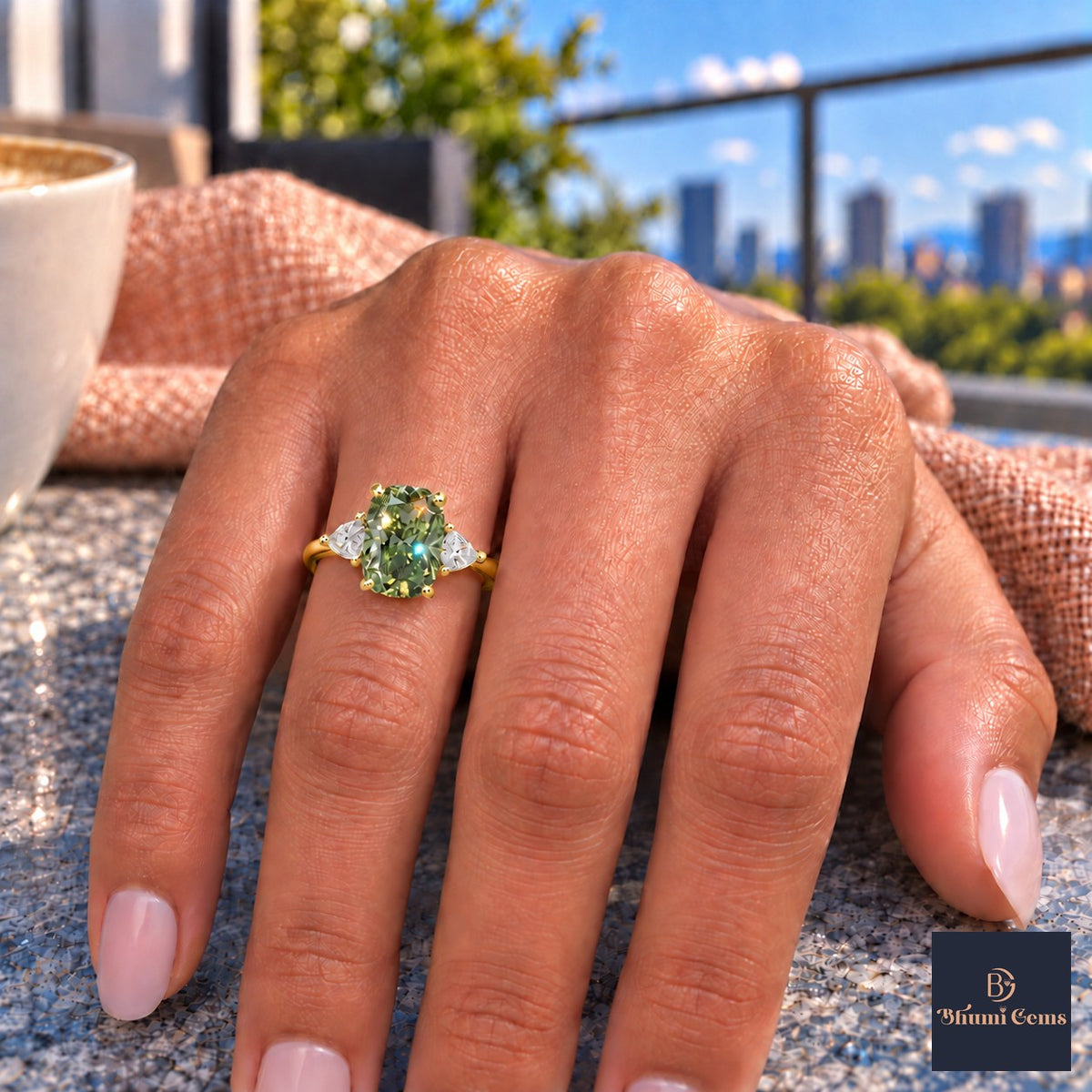 Green Elongated Cushion Cut Lab Grown Diamond Engagement Ring - Trillion Three Stone in yellow gold, on the hand