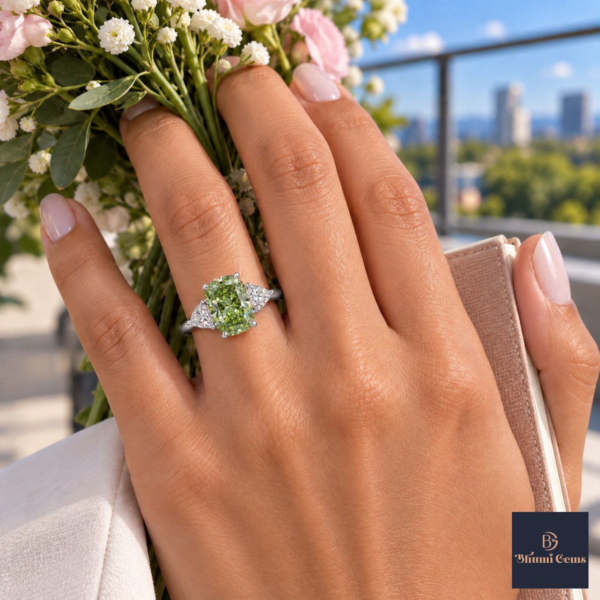 Green Elongated Cushion Cut Lab Grown Diamond Engagement Ring - Trillion Three Stone in white gold, worn on the hand