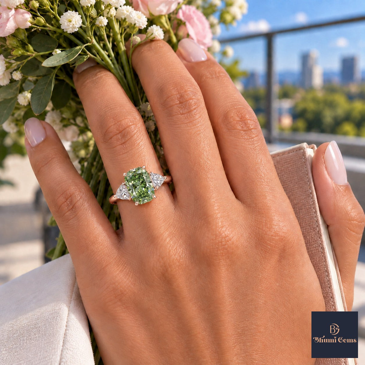Green Elongated Cushion Cut Lab Grown Diamond Engagement Ring - Trillion Three Stone in rose gold, worn on the hand