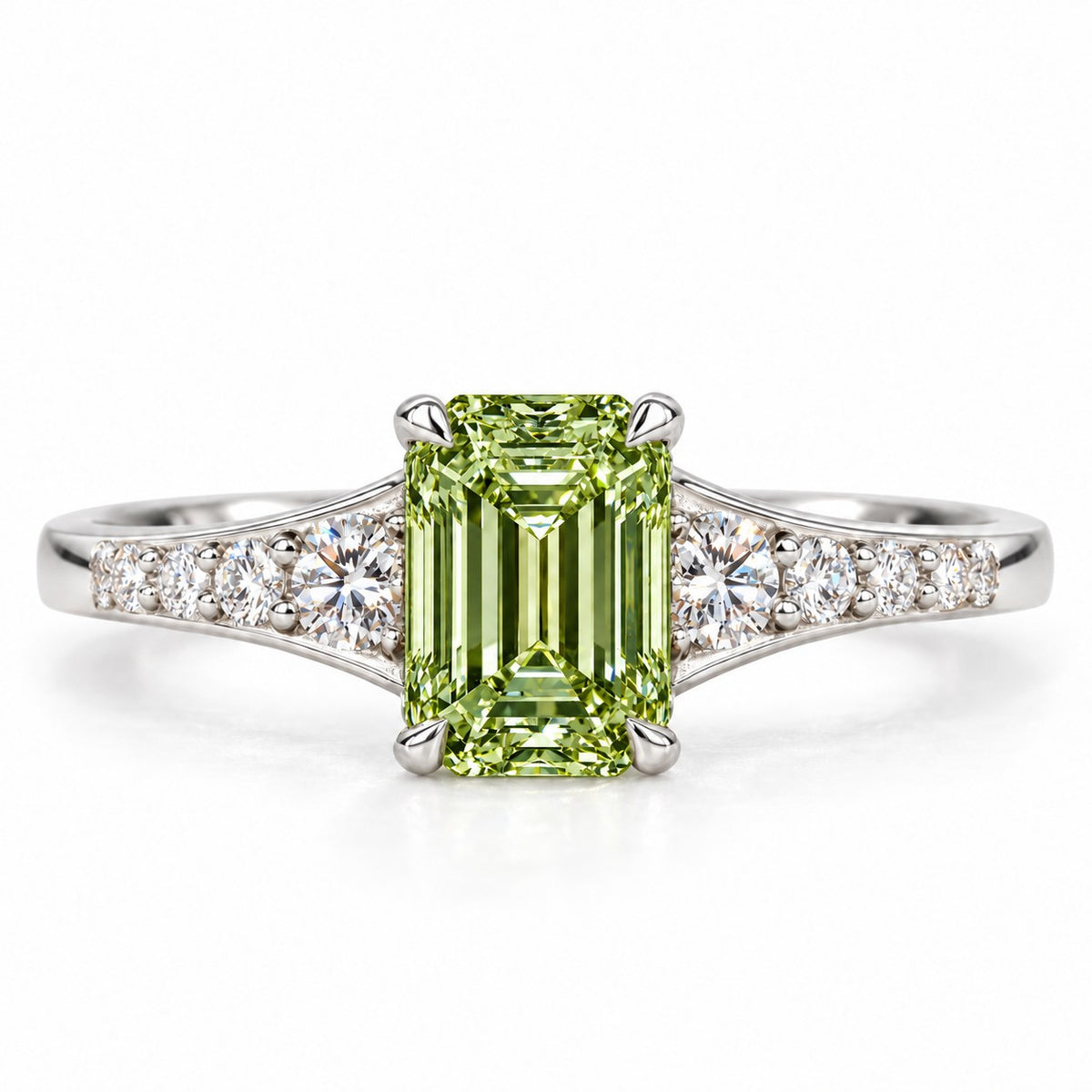 Green Emerald Cut Lab Grown Diamond Engagement Ring - Graduated Pave Shoulders in white gold, front view
