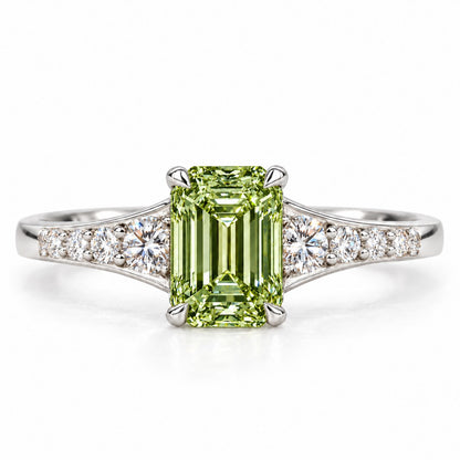 Green Emerald Cut Lab Grown Diamond Engagement Ring - Graduated Pave Shoulders in white gold, front view