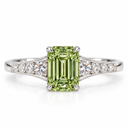 Green Emerald Cut Lab Grown Diamond Engagement Ring - Graduated Pave Shoulders in white gold, front view