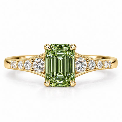 Green Emerald Cut Lab Grown Diamond Engagement Ring - Graduated Pave Shoulders in yellow gold, front view