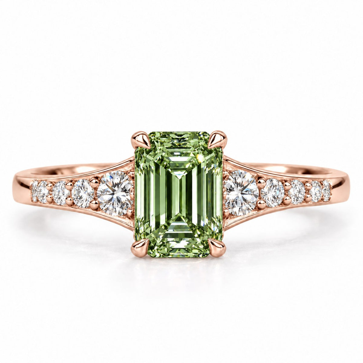 Green Emerald Cut Lab Grown Diamond Engagement Ring - Graduated Pave Shoulders in rose gold, front view