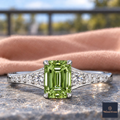Green Emerald Cut Lab Grown Diamond Engagement Ring - Graduated Pave Shoulders in white gold, close-up