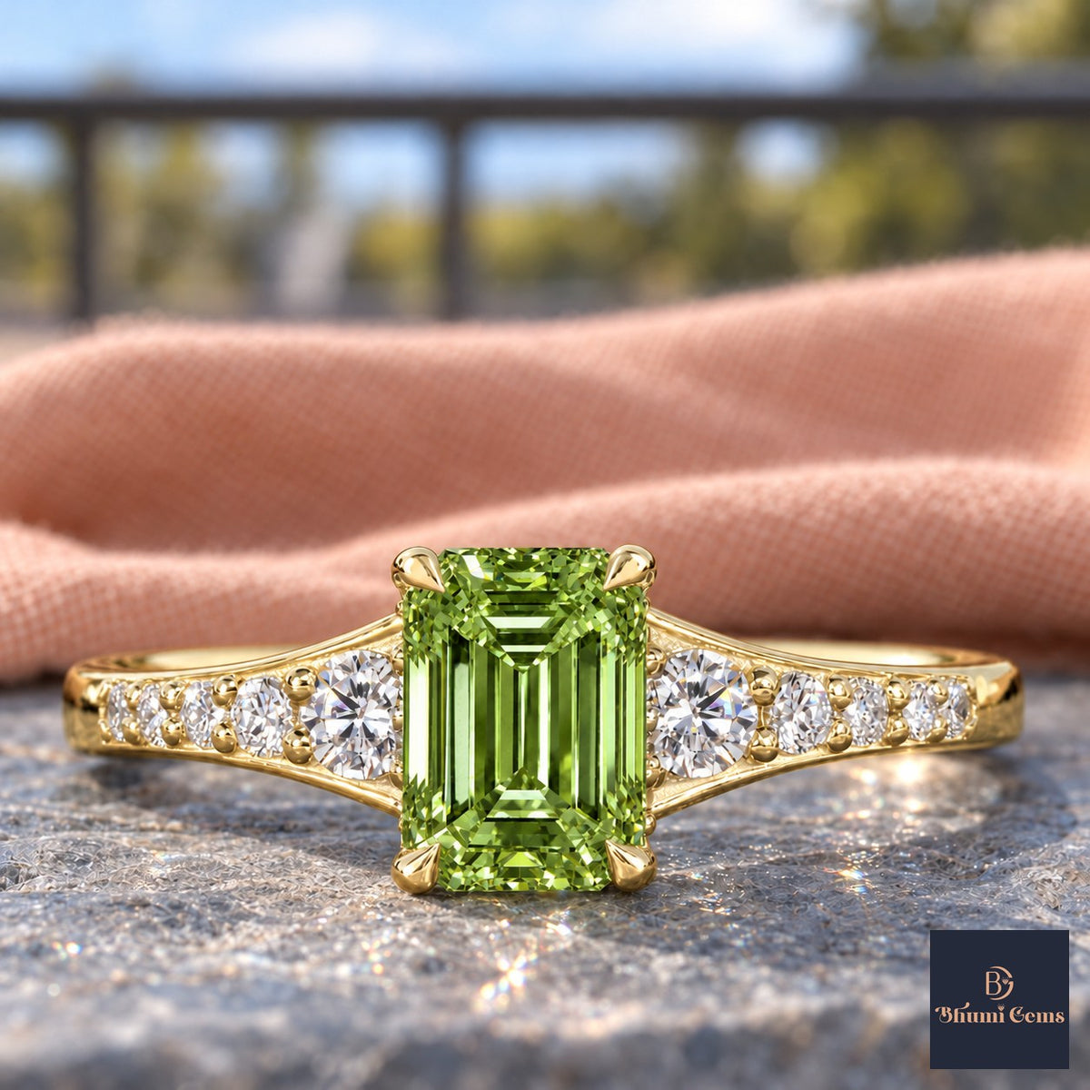 Green Emerald Cut Lab Grown Diamond Engagement Ring - Graduated Pave Shoulders in yellow gold, close-up