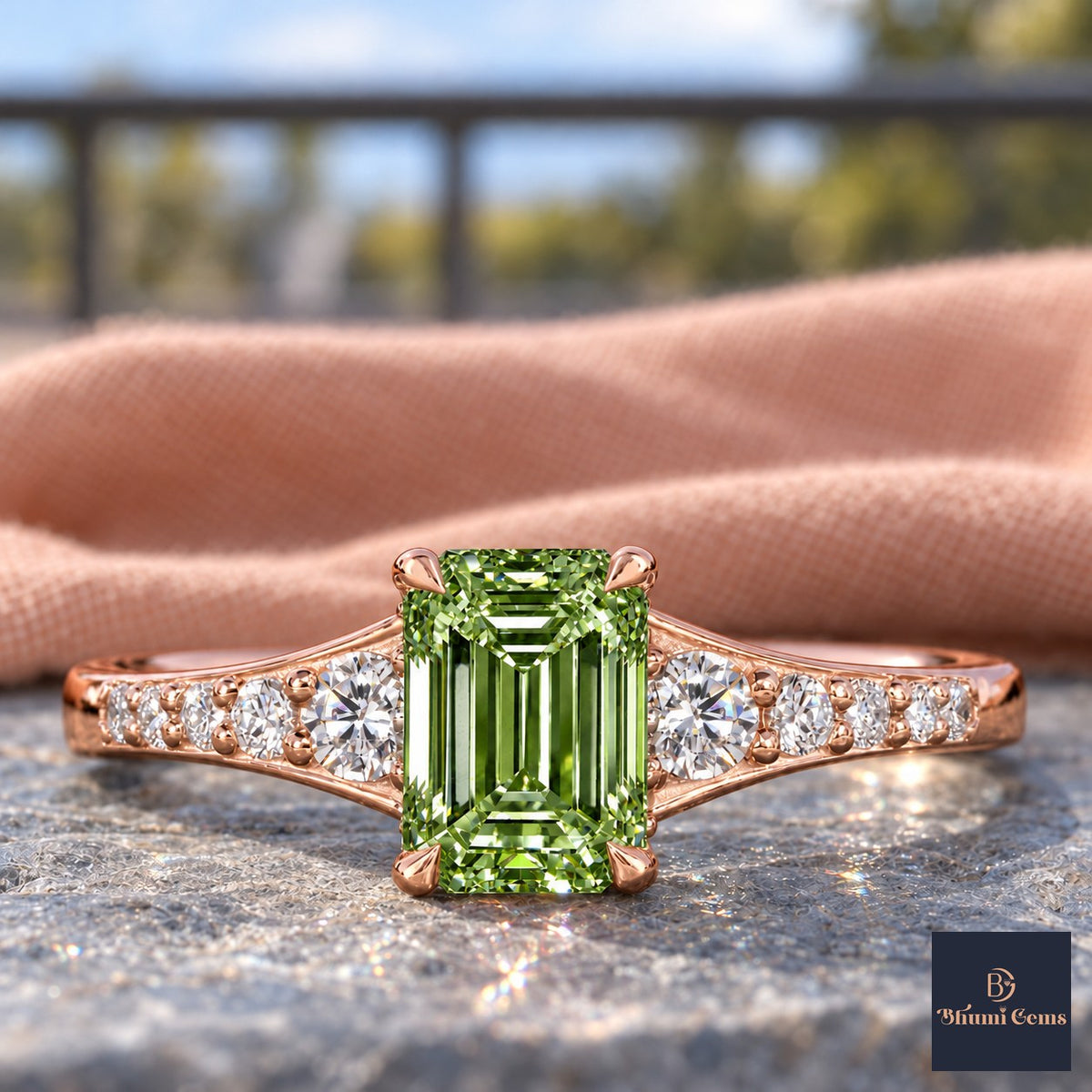 Green Emerald Cut Lab Grown Diamond Engagement Ring - Graduated Pave Shoulders in rose gold, close-up