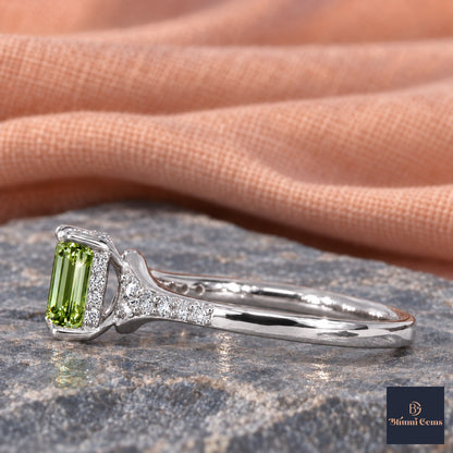 Green Emerald Cut Lab Grown Diamond Engagement Ring - Graduated Pave Shoulders in white gold, side view