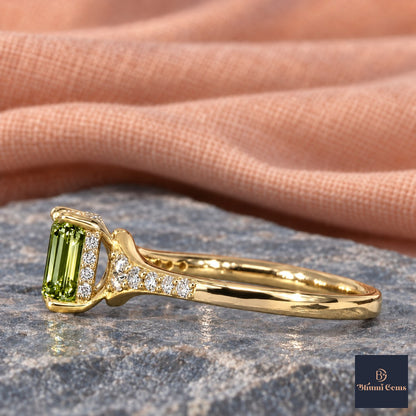 Green Emerald Cut Lab Grown Diamond Engagement Ring - Graduated Pave Shoulders in yellow gold, side view