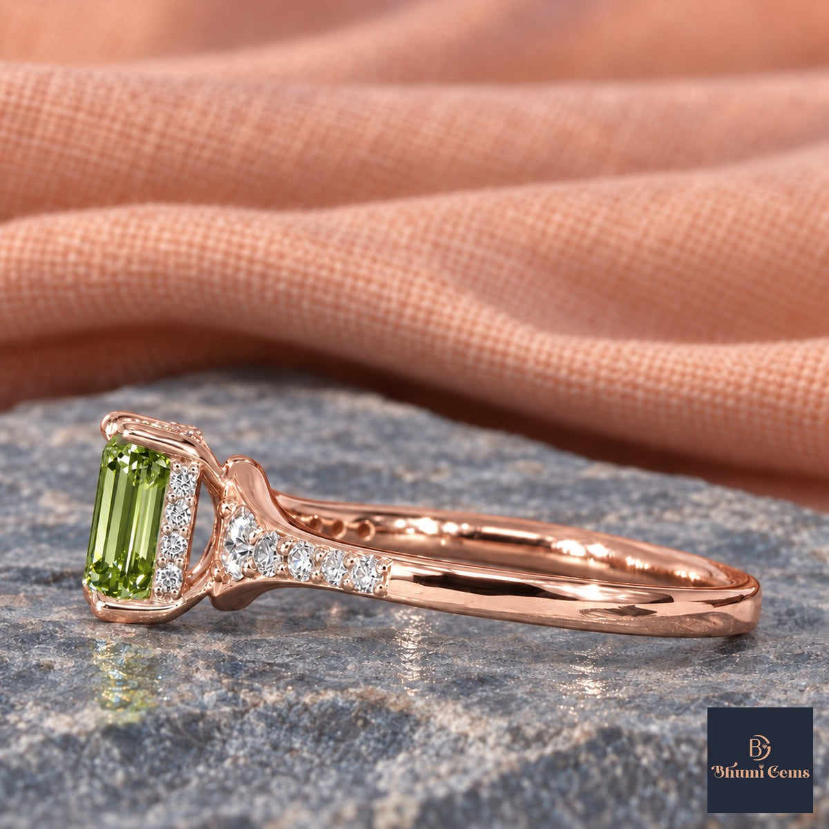 Green Emerald Cut Lab Grown Diamond Engagement Ring - Graduated Pave Shoulders in rose gold, side view