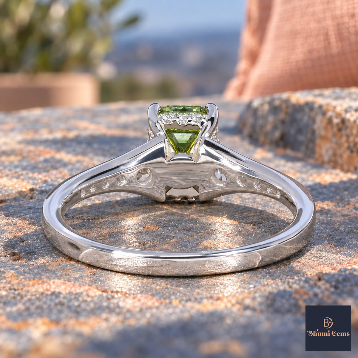 Green Emerald Cut Lab Grown Diamond Engagement Ring - Graduated Pave Shoulders in white gold, gallery view