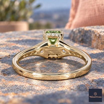 Green Emerald Cut Lab Grown Diamond Engagement Ring - Graduated Pave Shoulders in yellow gold, gallery view