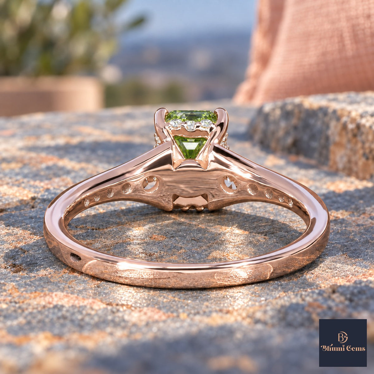 Green Emerald Cut Lab Grown Diamond Engagement Ring - Graduated Pave Shoulders in rose gold, gallery view
