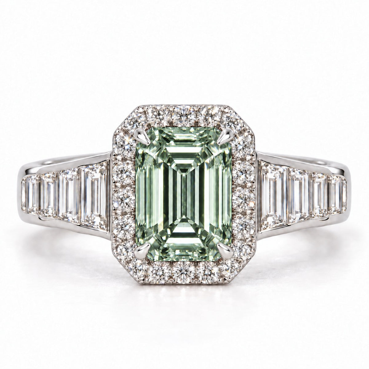 Green Emerald Cut Lab Grown Diamond Engagement Ring - Halo and Baguette Shoulders in white gold, front view