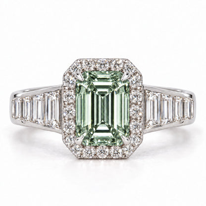 Green Emerald Cut Lab Grown Diamond Engagement Ring - Halo and Baguette Shoulders in white gold, front view
