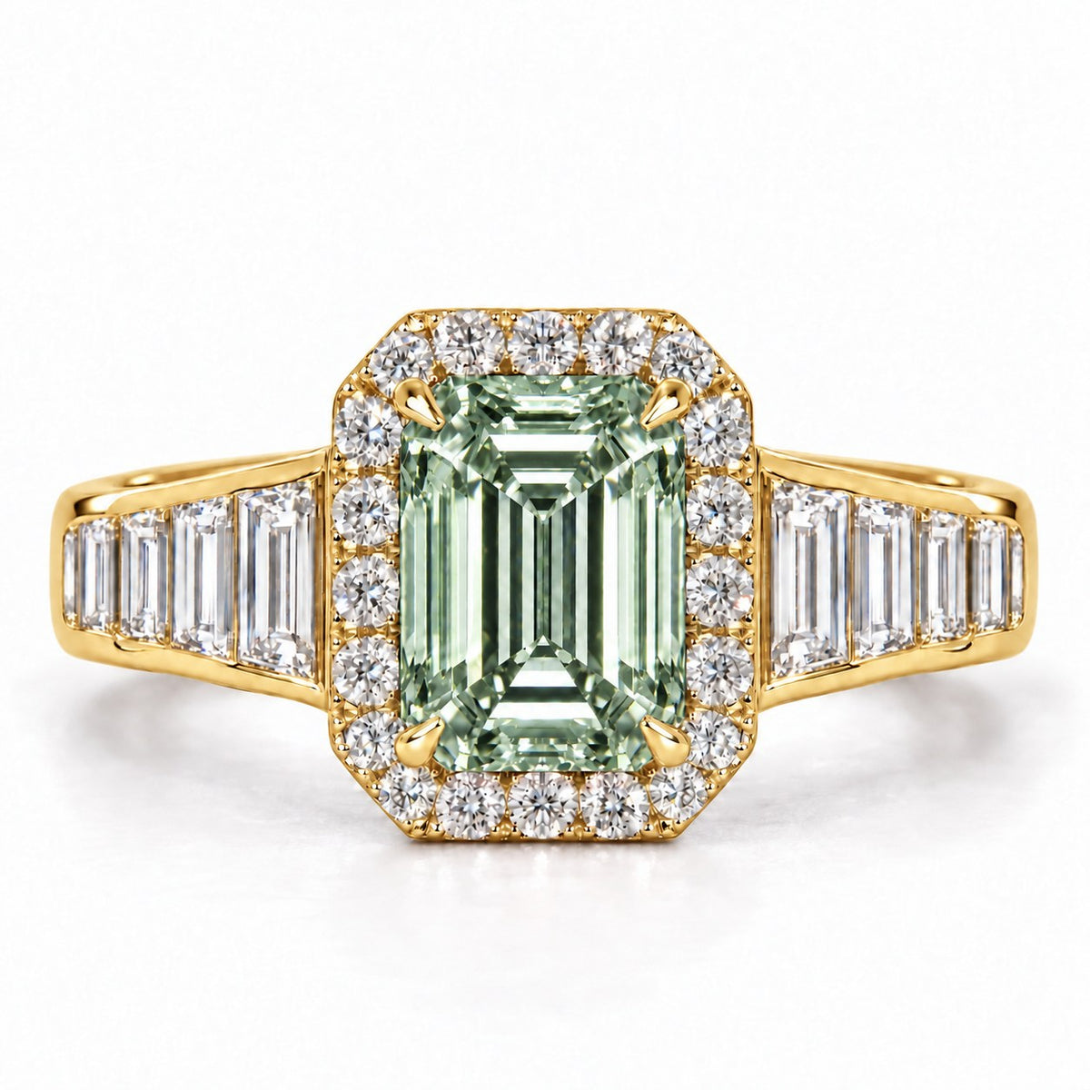 Green Emerald Cut Lab Grown Diamond Engagement Ring - Halo and Baguette Shoulders in yellow gold, front view