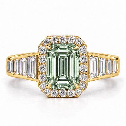 Green Emerald Cut Lab Grown Diamond Engagement Ring - Halo and Baguette Shoulders in yellow gold, front view