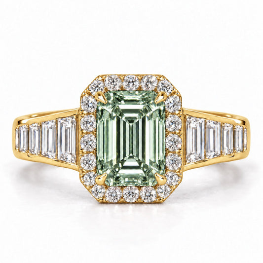 Green Emerald Cut Lab Grown Diamond Engagement Ring - Halo and Baguette Shoulders in yellow gold, front view