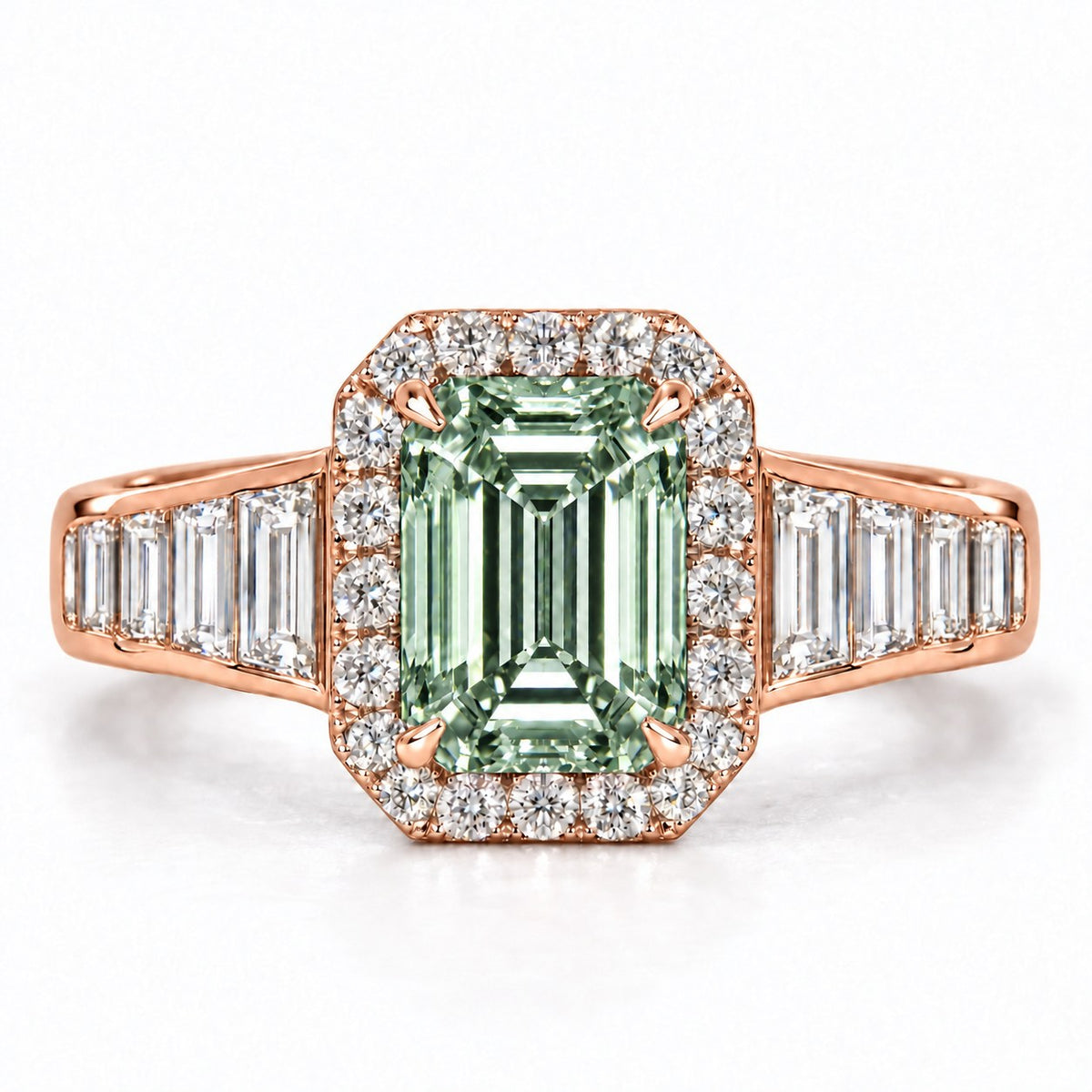 Green Emerald Cut Lab Grown Diamond Engagement Ring - Halo and Baguette Shoulders in rose gold, front view